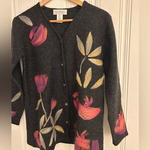 Susan Bristol Wool Hand Embroidered Floral Sweater Cardigan Womens Size Small EC